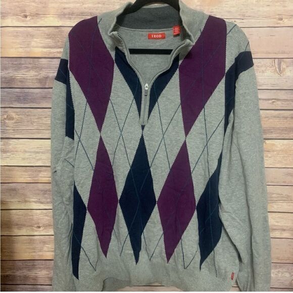 Izod Men's Quarter Zip Gray Argyle Sweater XXL - Picture 1 of 5